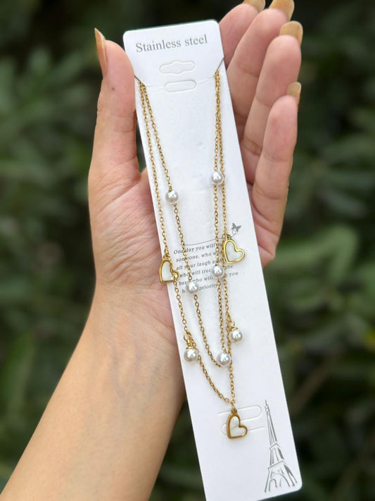 Heart shape And Pearl double layer Necklace