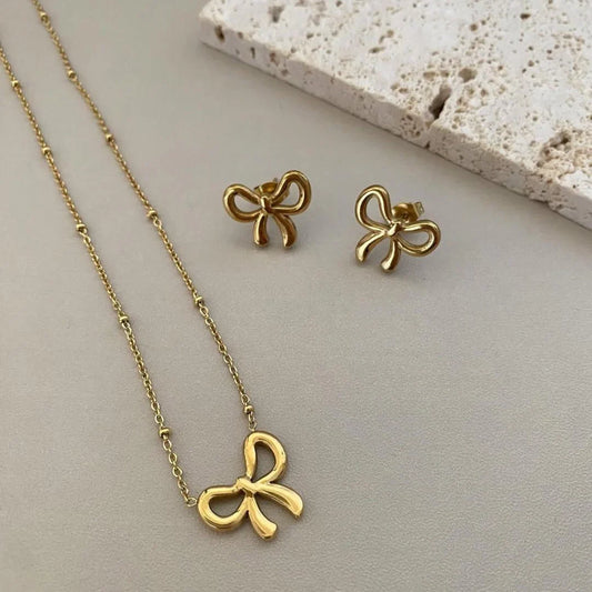 Golden Bow Necklace & Earrings Set