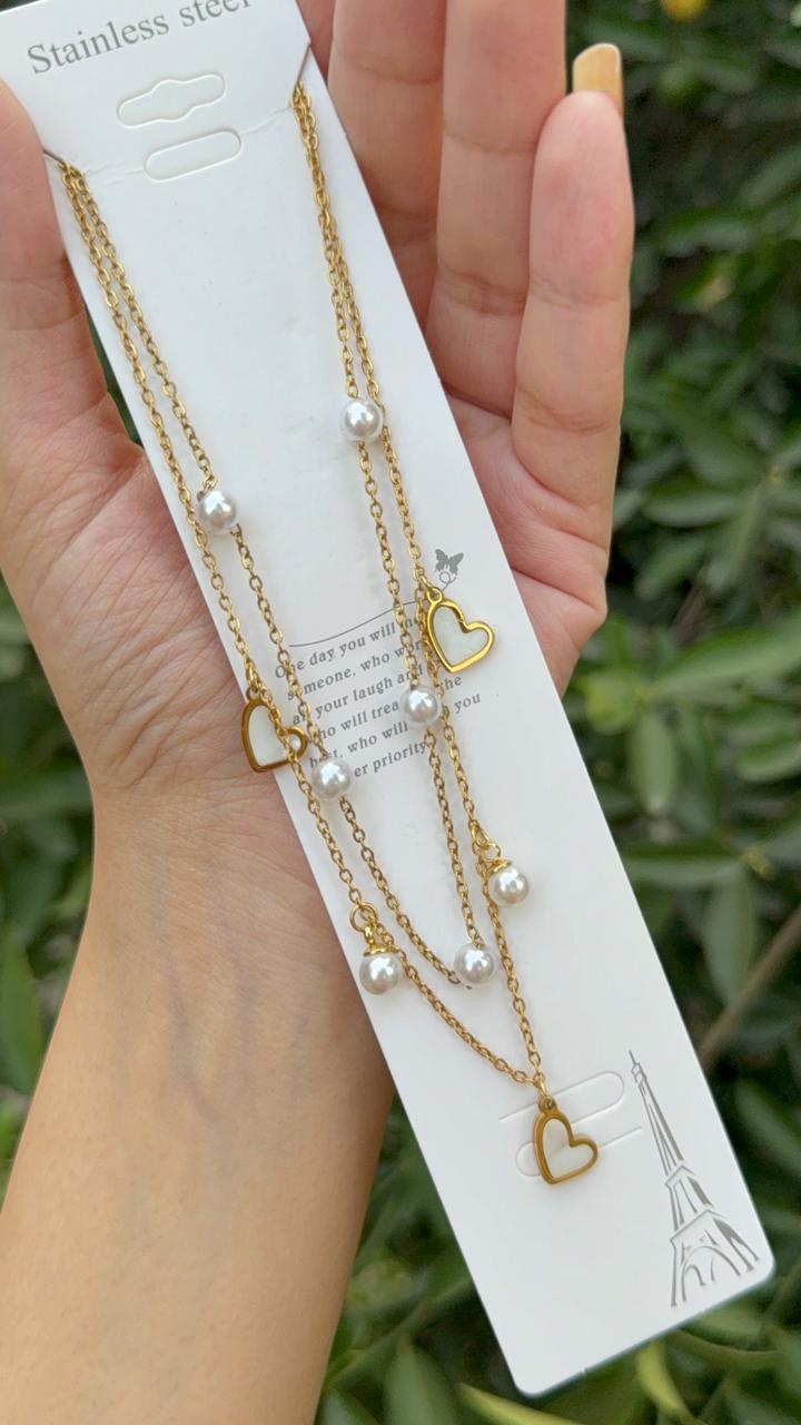 Heart shape  And Pearl double layer Necklace